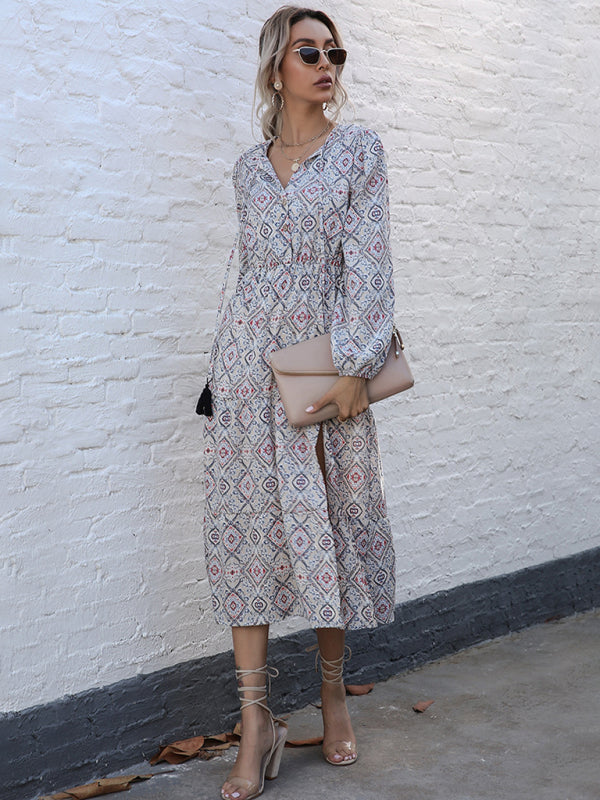 Geometric Print Long Sleeve Midi Dress