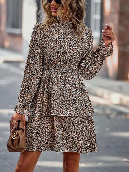 Floral Print Long Sleeve Ruffle Vacation Dress