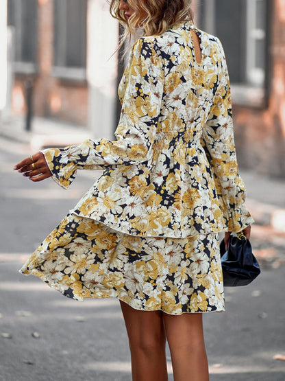 Floral Print Long Sleeve Ruffle Vacation Dress