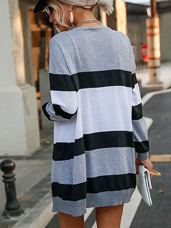 Women's long-sleeved striped sweater cardigan jacket