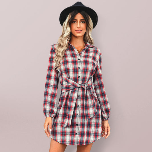 Seasonal single breasted fashionable plaid lace waist dress