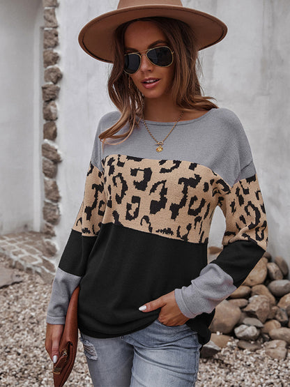 Women's leopard print stitching sweater long sleeve soft warm top