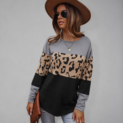 Women's leopard print stitching sweater long sleeve soft warm top