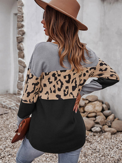 Women's leopard print stitching sweater long sleeve soft warm top