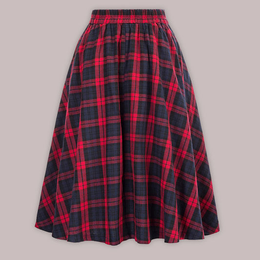 News Button Waist Swing Skirt Plaid Skirt Wool Swing Skirt