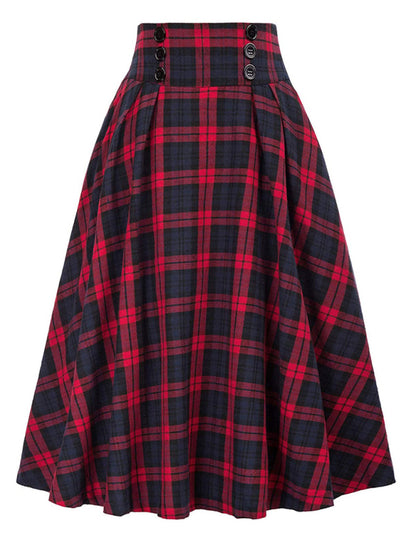 News Button Waist Swing Skirt Plaid Skirt Wool Swing Skirt