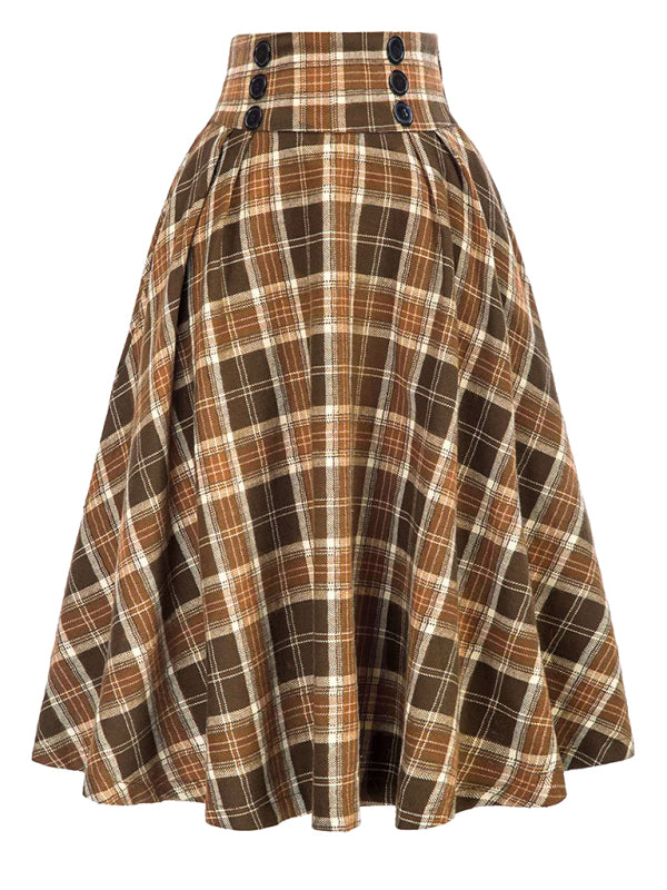 News Button Waist Swing Skirt Plaid Skirt Wool Swing Skirt