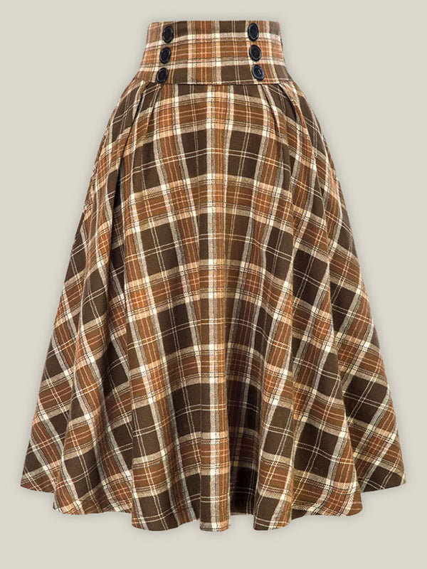 News Button Waist Swing Skirt Plaid Skirt Wool Swing Skirt