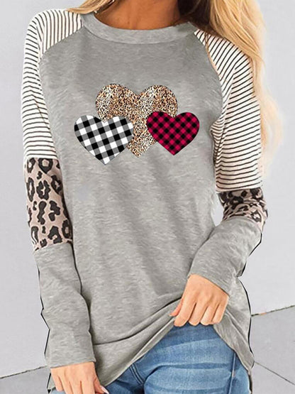 Women's Valentine's Day Long Sleeve Mosaic Peach Heart Casual Round Neck Loose Top