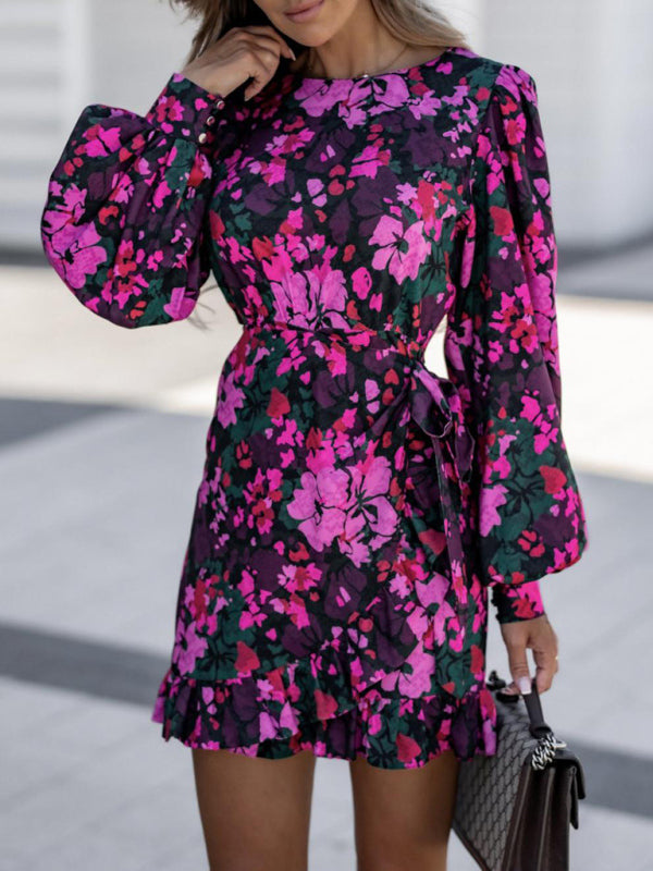 Fashion Sexy Printed Round Neck Tie Waist Long Sleeve Dress