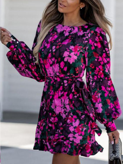 Fashion Sexy Printed Round Neck Tie Waist Long Sleeve Dress