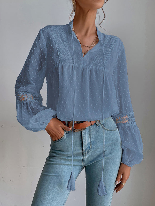 Polka Dot Chiffon Lace Panel Loose Commuting Blouse