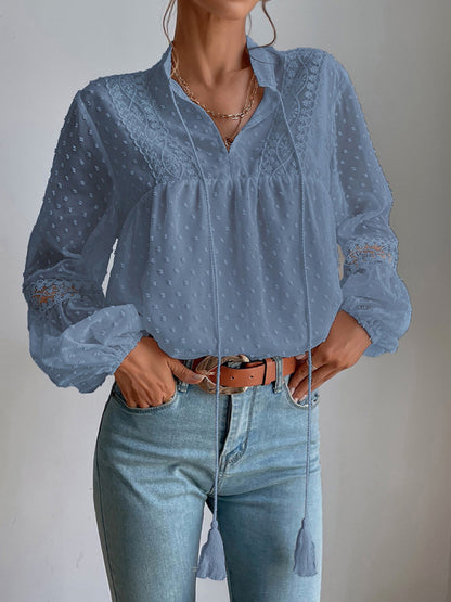 Polka Dot Chiffon Lace Panel Loose Commuting Blouse