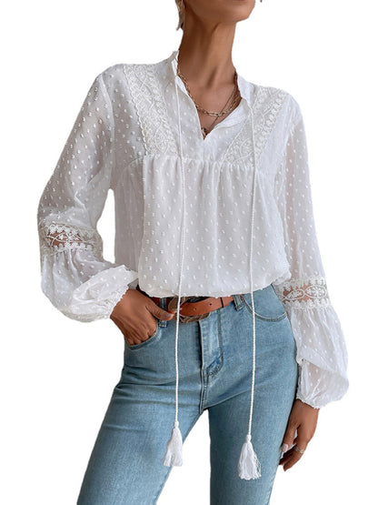 Polka Dot Chiffon Lace Panel Loose Commuting Blouse