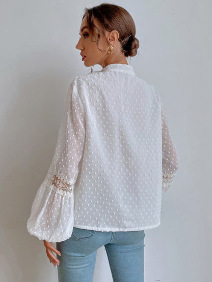 Polka Dot Chiffon Lace Panel Loose Commuting Blouse