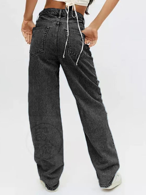 Women's Loose Ripped Straight Denim Trousers