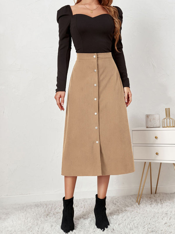 Corduroy Skirt Single Breasted High Waisted Skirt