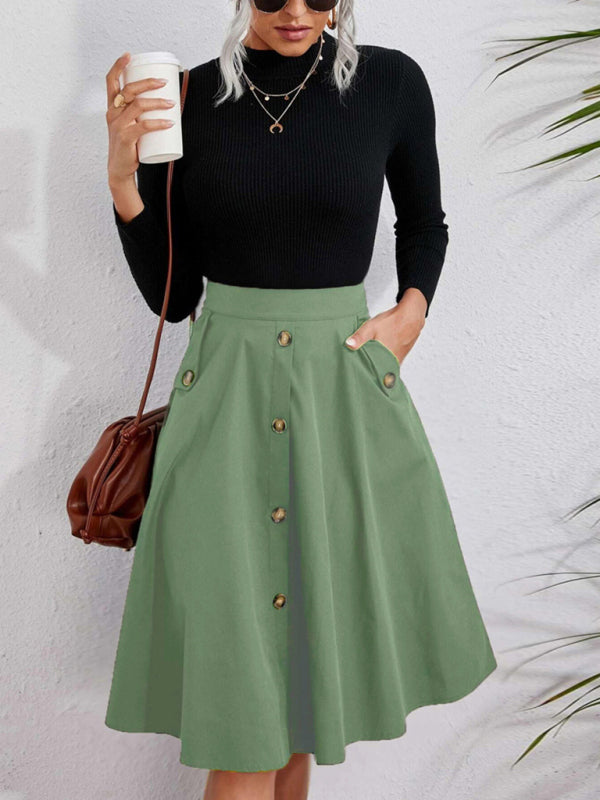 Women's Pocket Button Elegant Midi Skirt