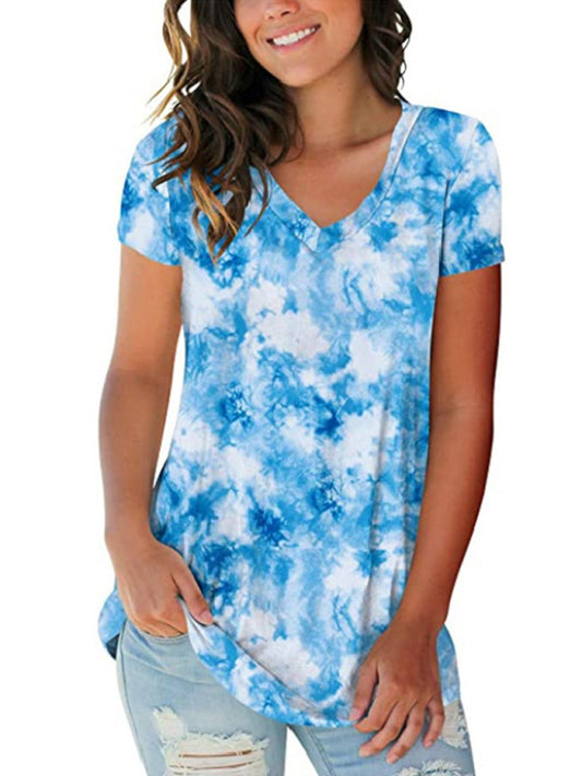 Women's wear European and American street trendsetter pullover tie dyed V-neck women's T-shirt women