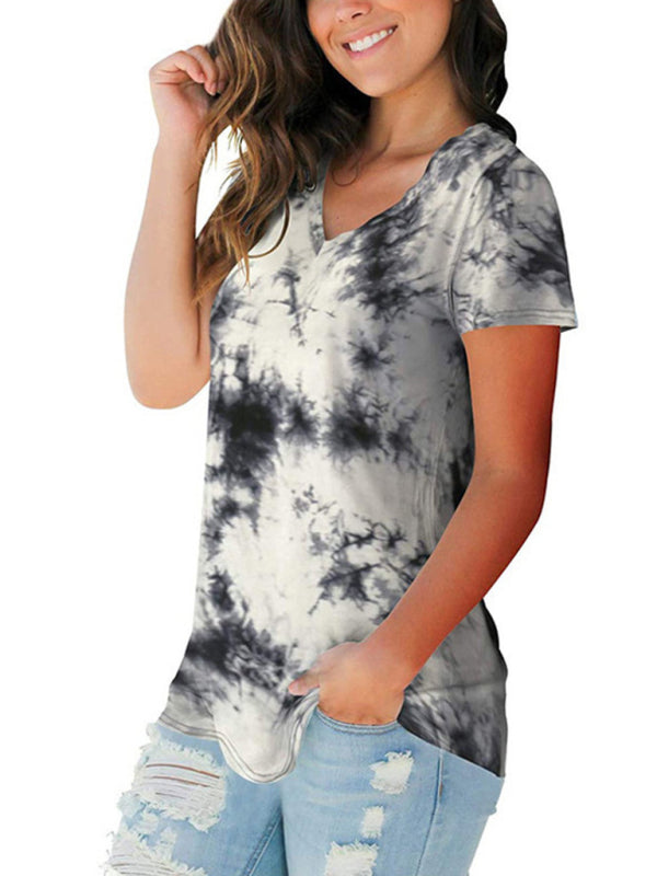 Women's wear European and American street trendsetter pullover tie dyed V-neck women's T-shirt women