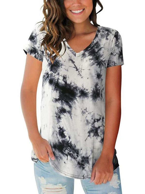 Women's wear European and American street trendsetter pullover tie dyed V-neck women's T-shirt women