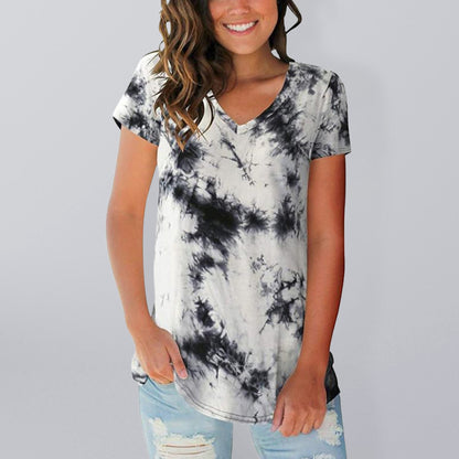 Women's wear European and American street trendsetter pullover tie dyed V-neck women's T-shirt women