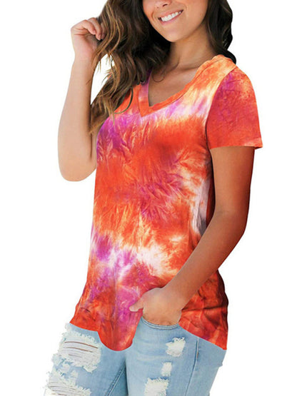 Women's wear European and American street trendsetter pullover tie dyed V-neck women's T-shirt women