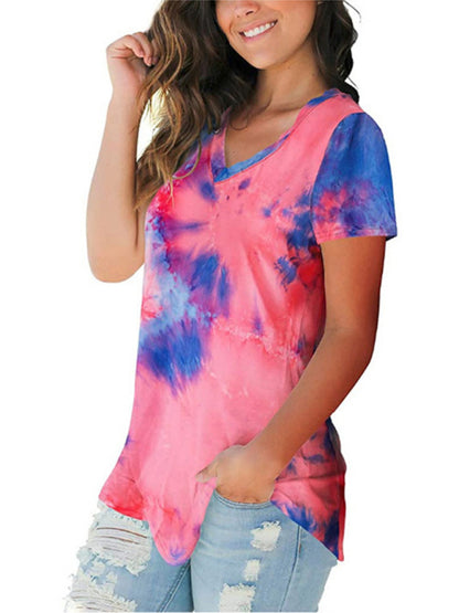 Women's wear European and American street trendsetter pullover tie dyed V-neck women's T-shirt women