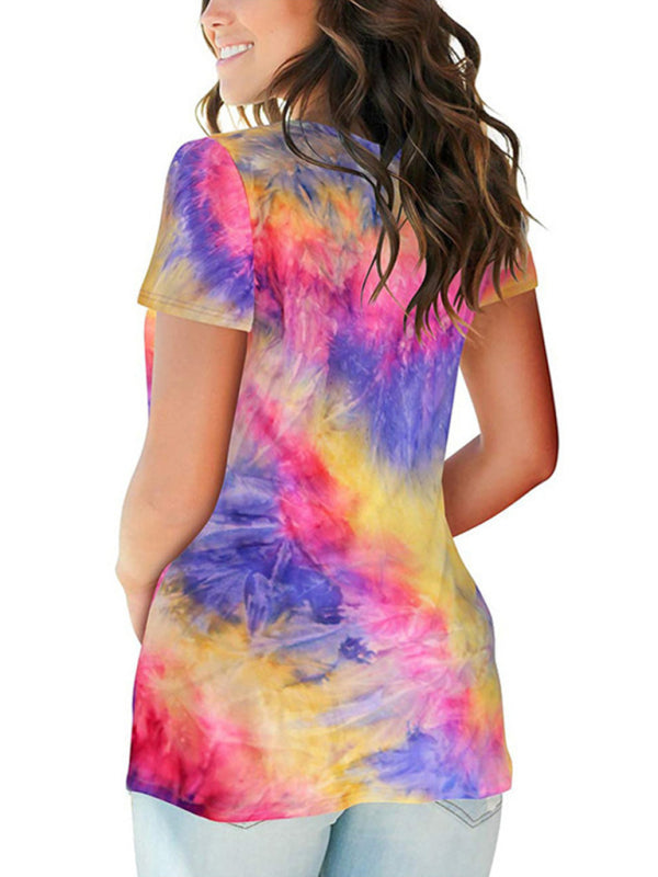 Women's wear European and American street trendsetter pullover tie dyed V-neck women's T-shirt women