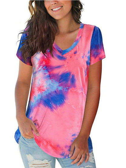 Women's wear European and American street trendsetter pullover tie dyed V-neck women's T-shirt women