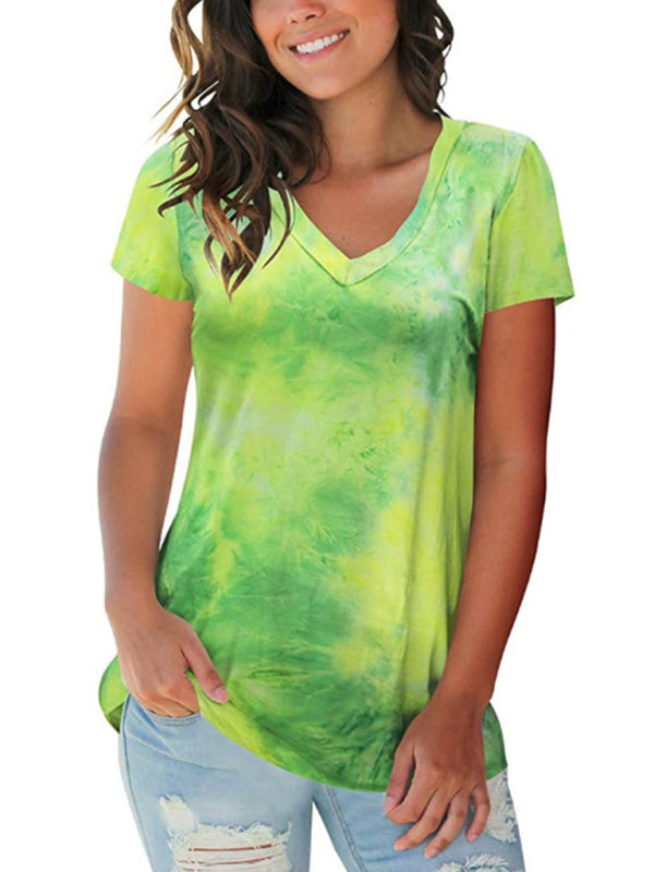 Women's wear European and American street trendsetter pullover tie dyed V-neck women's T-shirt women