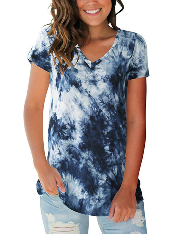 Women's wear European and American street trendsetter pullover tie dyed V-neck women's T-shirt women