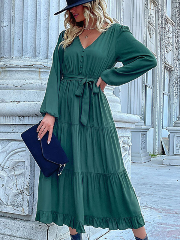 Women's Woven V-Neck Long-Sleeved Pleated Dress