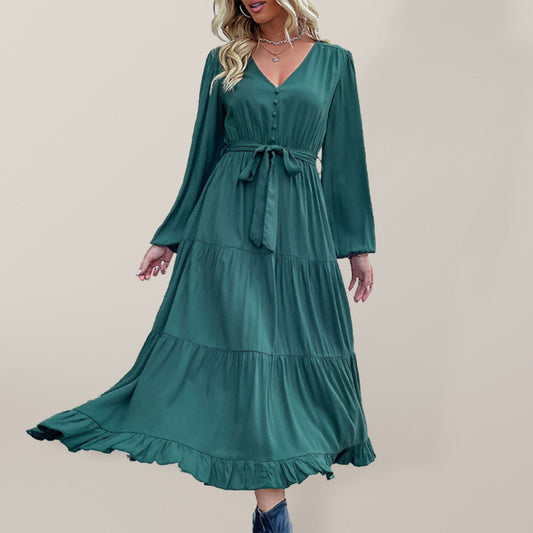 Women's Woven V-Neck Long-Sleeved Pleated Dress