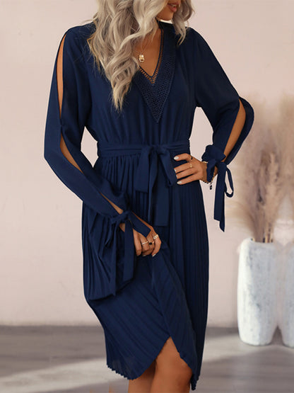 Women's woven V-neck hollow-out long-sleeved dress