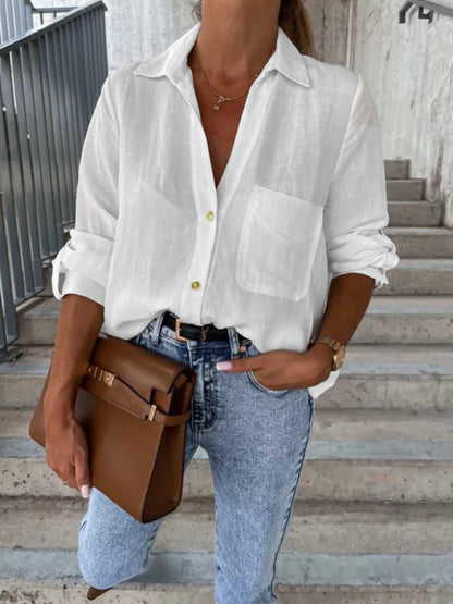 Women's new simple solid color pull-sleeve V-neck button lapel shirt