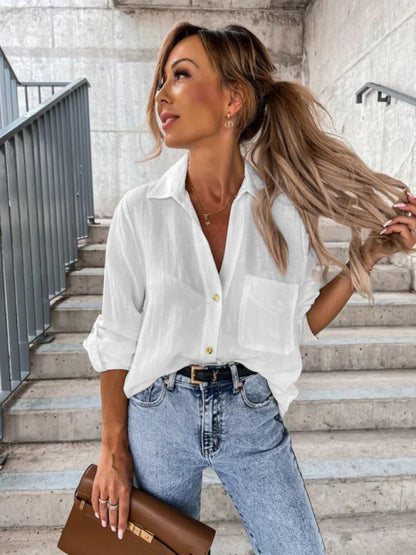 Women's new simple solid color pull-sleeve V-neck button lapel shirt