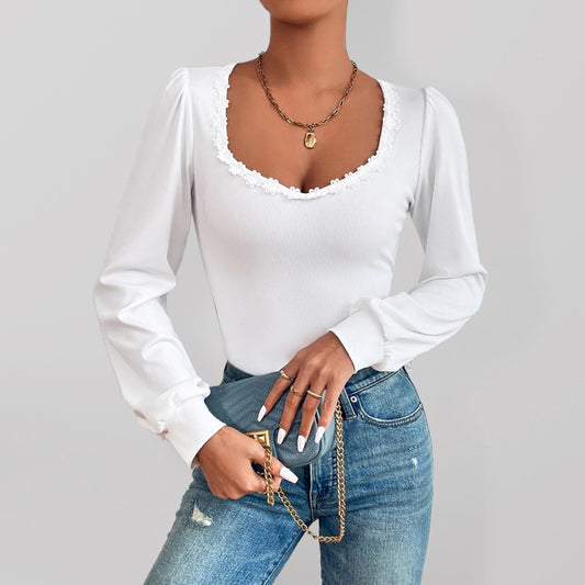 Women's V-neck Puff Sleeve Slim Fit Fashion Versatile Ladies T-Shirt Long Sleeve Lace French Top