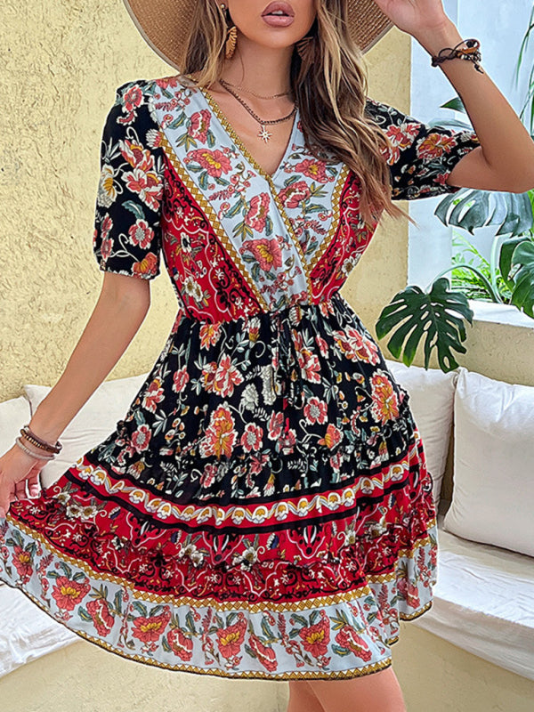 New floral waist skirt printed ethnic style bohemian dress