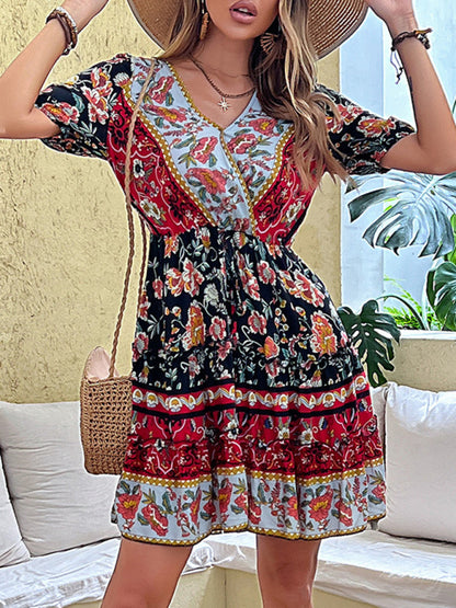 New floral waist skirt printed ethnic style bohemian dress