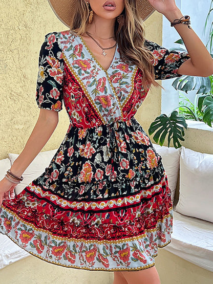 New floral waist skirt printed ethnic style bohemian dress