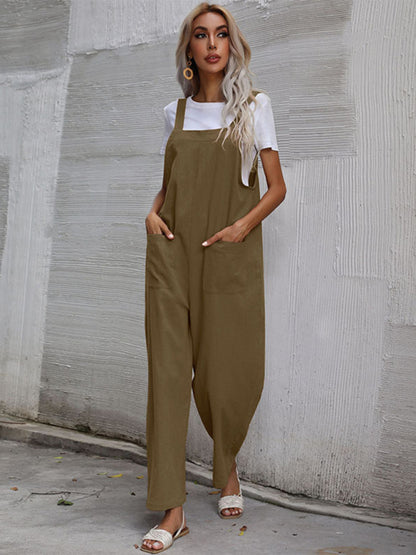 Trendy cotton and linen lazy style pure color sleeveless suspenders one-piece overalls for women