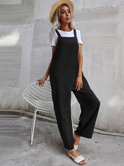 Trendy cotton and linen lazy style pure color sleeveless suspenders one-piece overalls for women