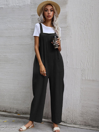 Trendy cotton and linen lazy style pure color sleeveless suspenders one-piece overalls for women