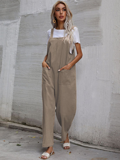 Trendy cotton and linen lazy style pure color sleeveless suspenders one-piece overalls for women