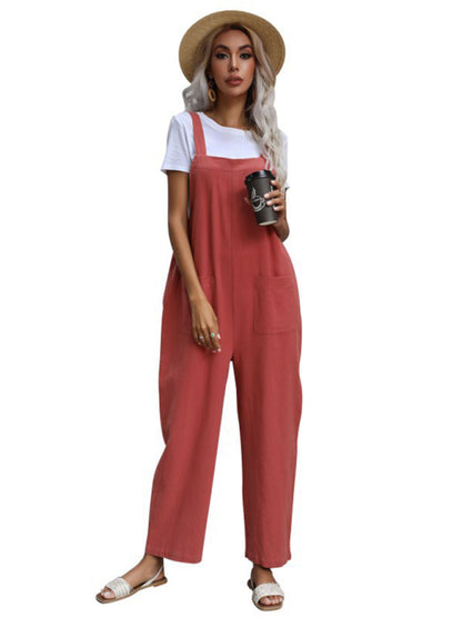 Trendy cotton and linen lazy style pure color sleeveless suspenders one-piece overalls for women