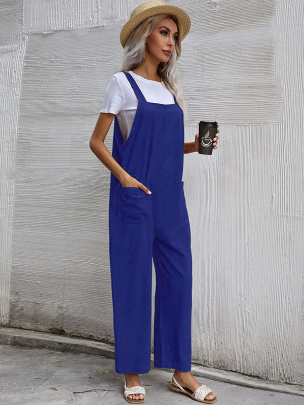 Trendy cotton and linen lazy style pure color sleeveless suspenders one-piece overalls for women