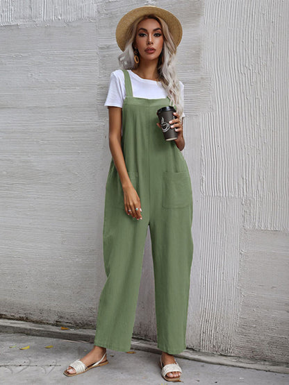 Trendy cotton and linen lazy style pure color sleeveless suspenders one-piece overalls for women