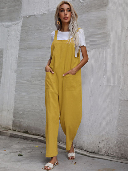 Trendy cotton and linen lazy style pure color sleeveless suspenders one-piece overalls for women