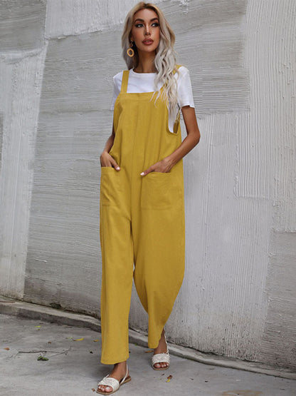 Trendy cotton and linen lazy style pure color sleeveless suspenders one-piece overalls for women